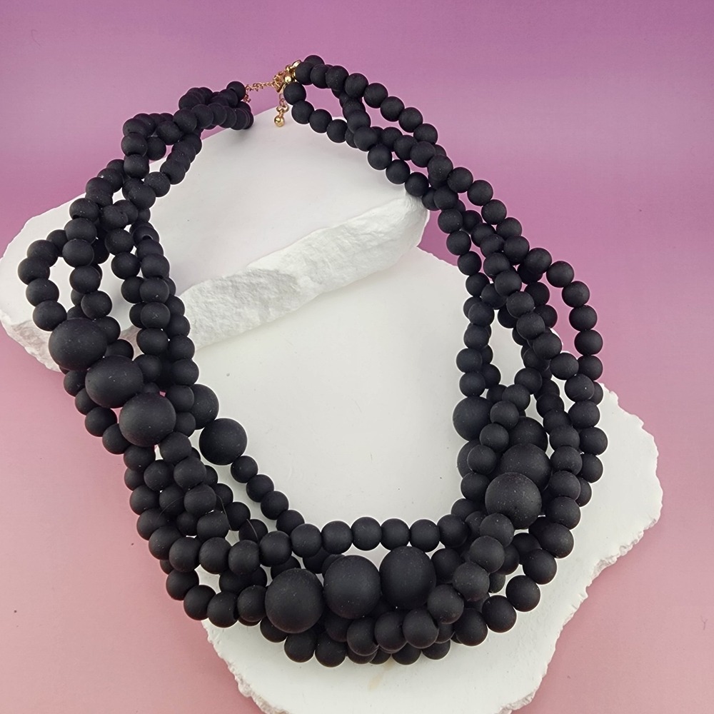 Matte Black Multi Strand Beaded Necklace Chunky Statement Bib Gold Tone Gothic